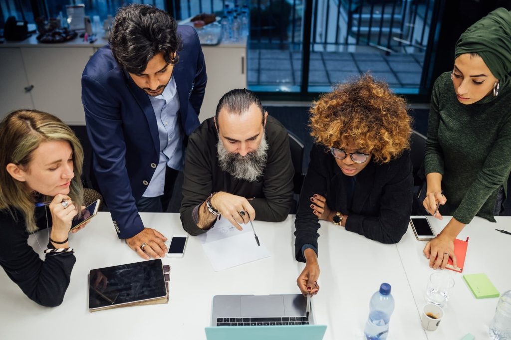 A group brainstorm in an office